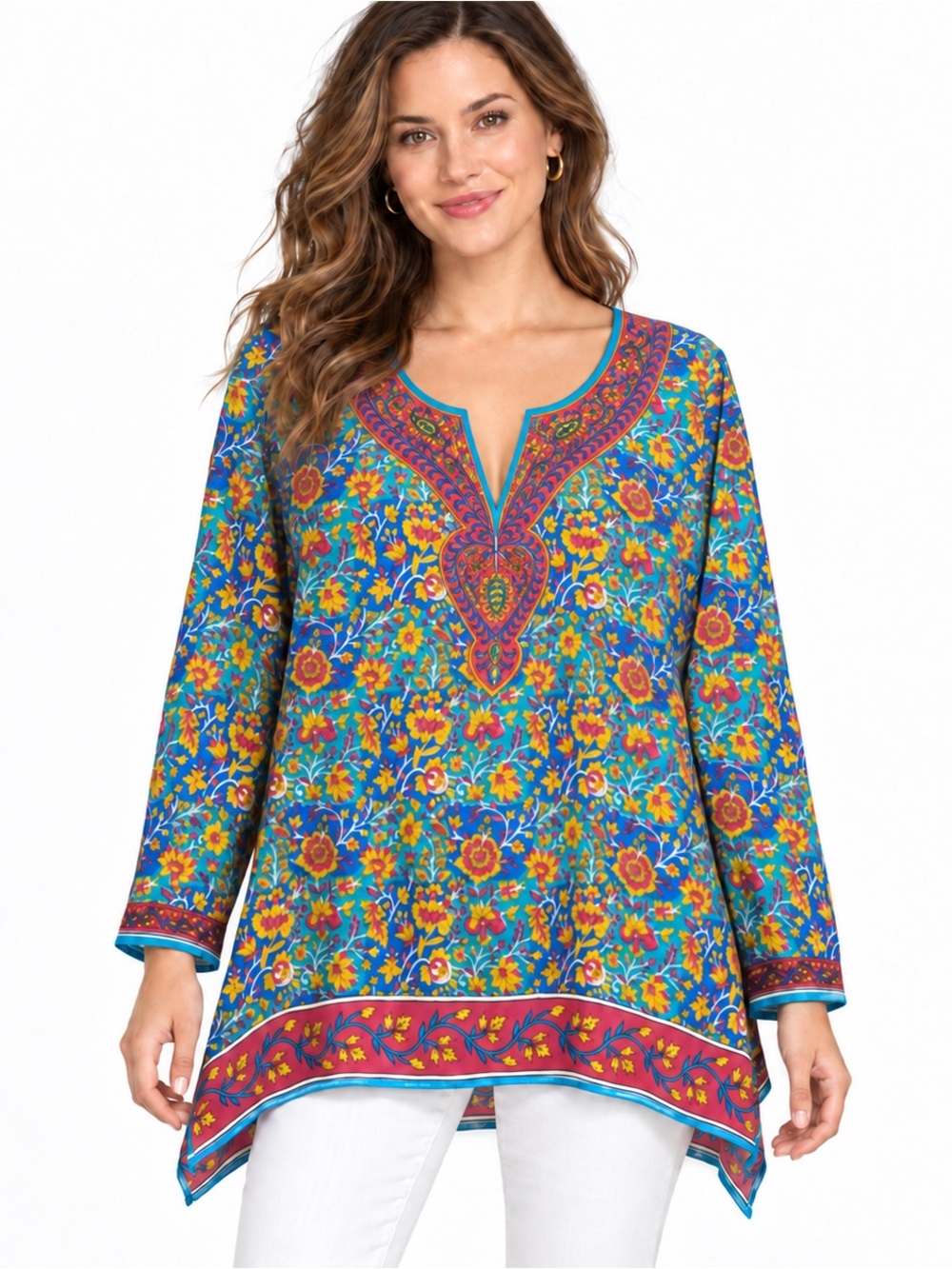 Soft Surroundings Blue Floral Paisley Split Neck Handkerchief Tunic